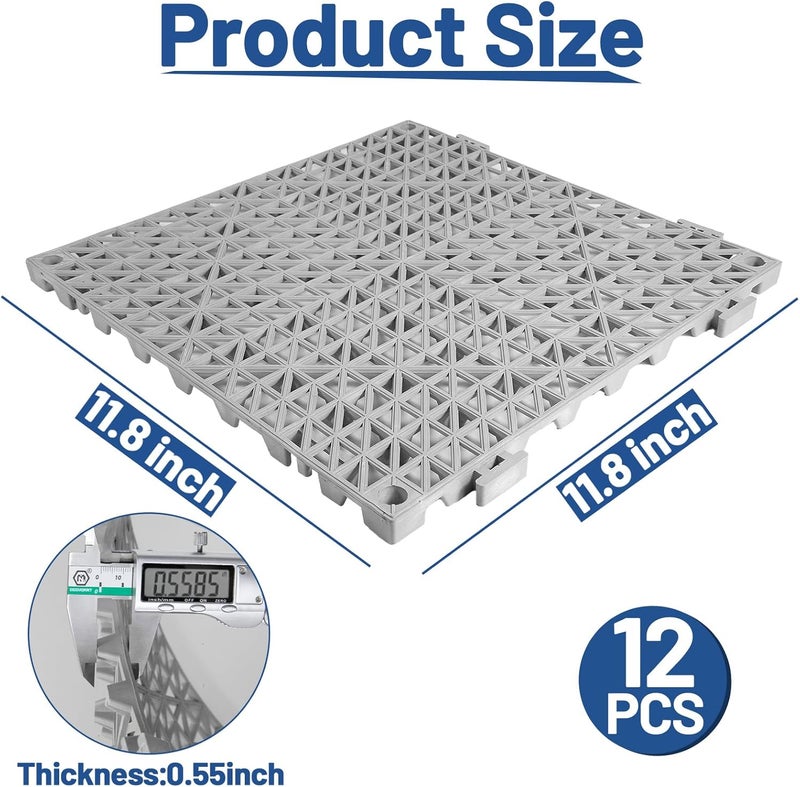 Dingbaayee 12PCS Drainage Interlocking Floor Tiles 11.8" x 11.8", Modular Interlocking Cushion Soft PVC Floor Non-Slip Splicing Waterproof Mat for Pool, Shower, Patio, Balcony, Bathroom, Kitchen, Yard（Grey） - Image 2